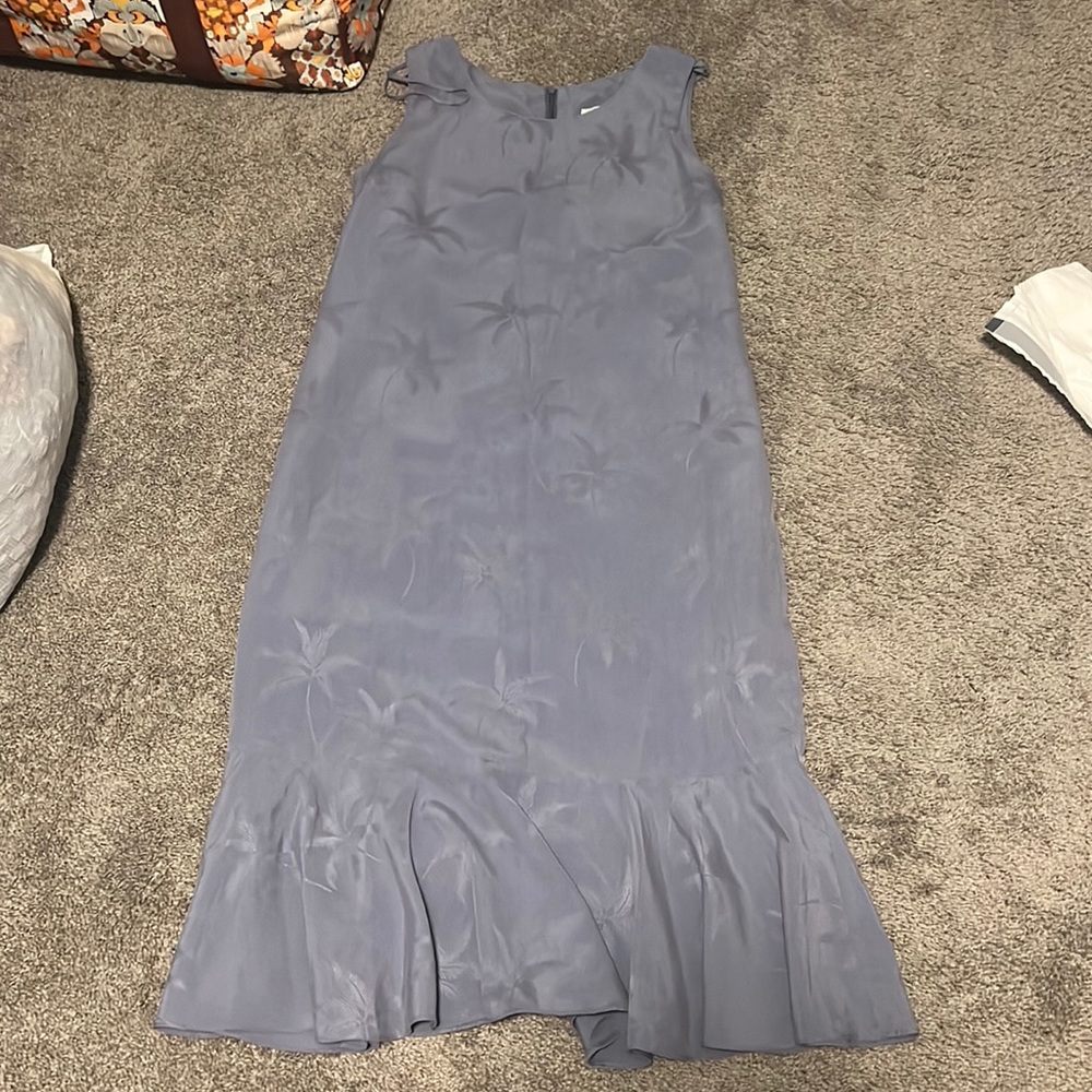 Milson by Ky's Slate Blue Palm Tree 100% Silk Midi Dress